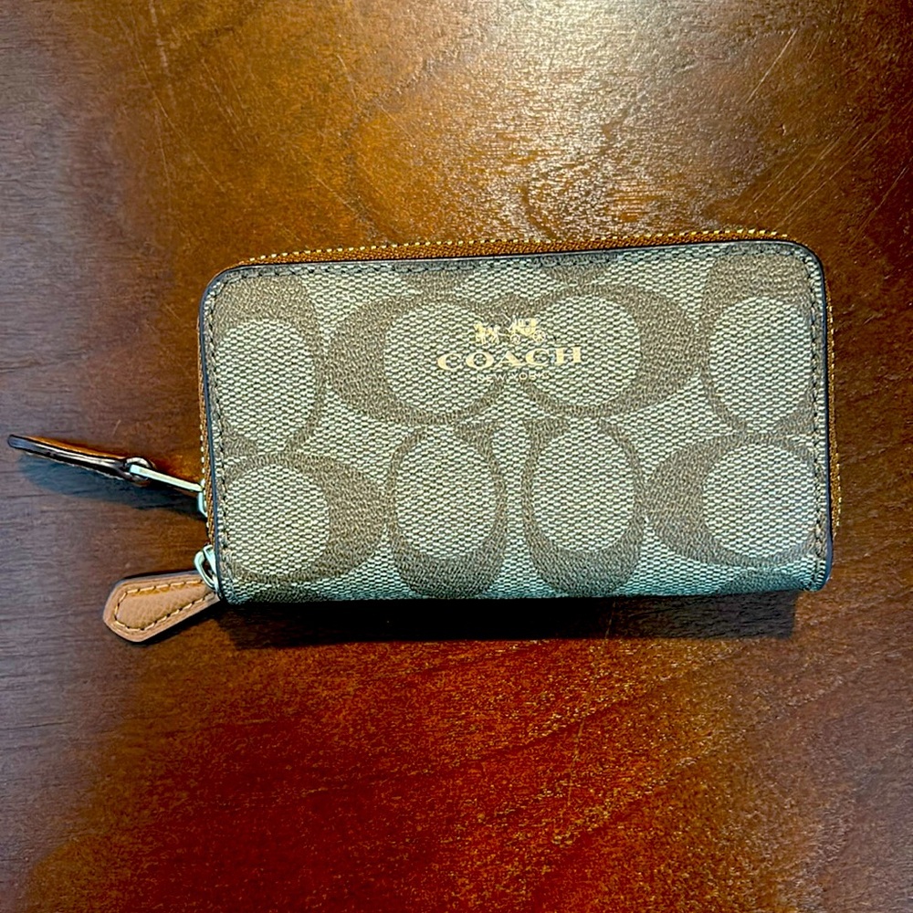 Coach brown signature canvas small zip around wallet
